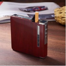 Aluminum Metal Automatic Cigarette Case Box with USB Rechargeable Windproof Lighters Can Hold 20 Cigarettes Red wood grain